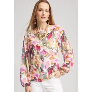 Chico’s Smocked Boatneck Top Long Sleeve Floral Color Size XXL